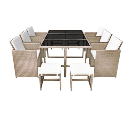 Table et chaises de jardin en résine tressée beige avec coussins crème