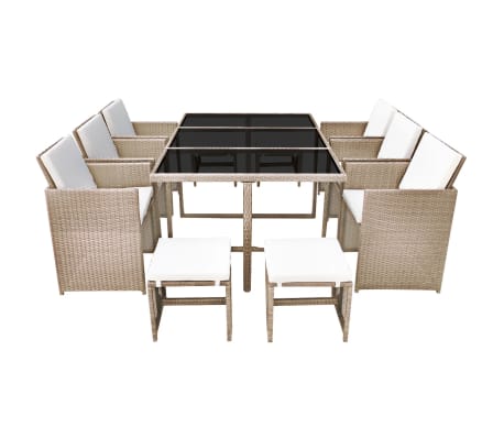 Table et chaises de jardin en résine tressée beige avec coussins crème