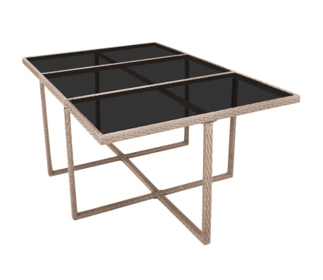 Table et chaises de jardin en résine tressée beige avec coussins crème