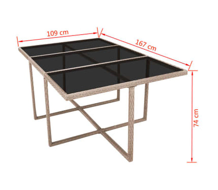 Table et chaises de jardin en résine tressée beige avec coussins crème