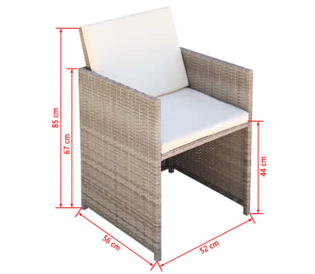 Table et chaises de jardin en résine tressée beige avec coussins crème