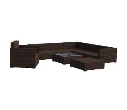 Salon de jardin d'angle en résine tressée marron avec coussins crème