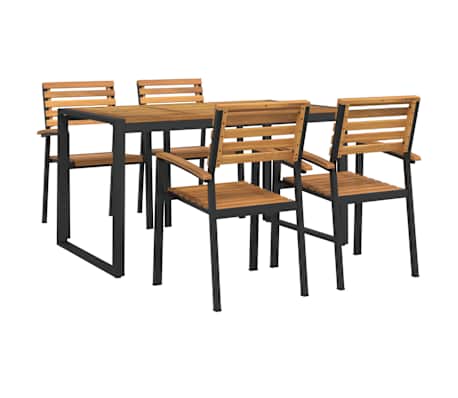 Table de jardin 140 cm et 4 chaises avec accoudoirs en bois d'acacia massif et acier noire