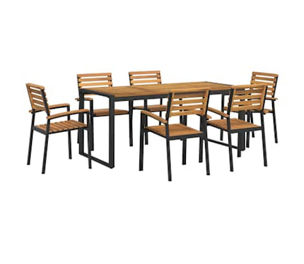 Table de jardin 180 cm et 6 chaises avec accoudoirs en bois d'acacia massif et acier noire