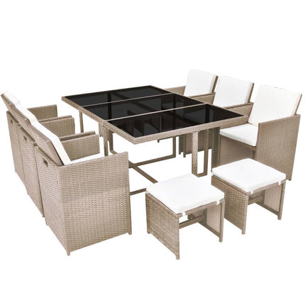 Table et chaises de jardin en résine tressée beige avec coussins crème