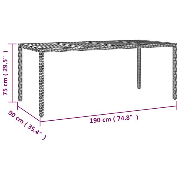 Table de jardin 190 x 90 cm en bois d'acacia massif et résine tressée noire