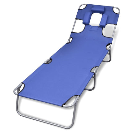 Transat pliant bleu avec coussin de tête et dossier réglable
