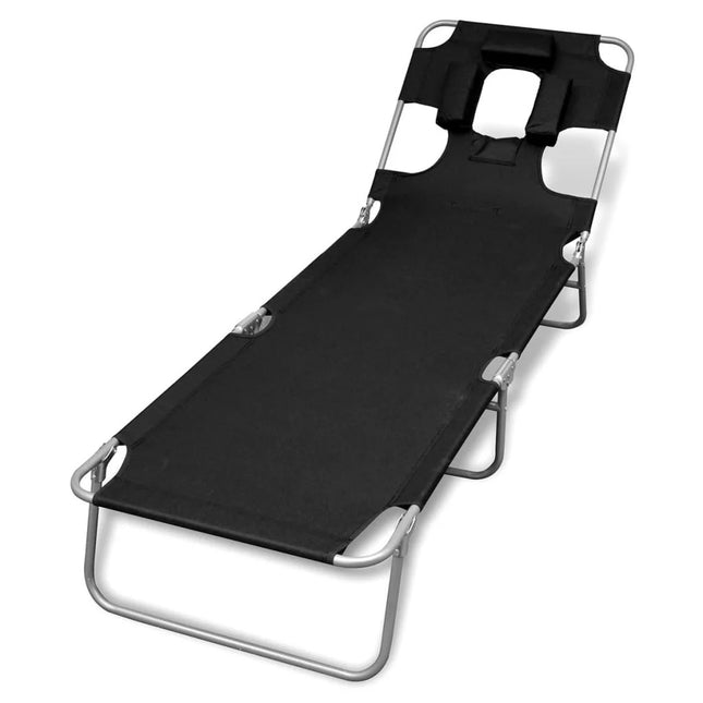 Transat pliant noir avec coussin de tête et dossier réglable
