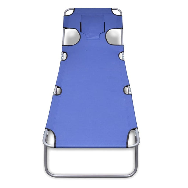 Transat pliant bleu avec coussin de tête et dossier réglable