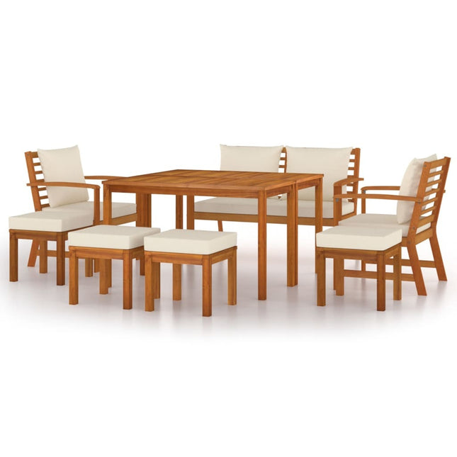 Table de jardin en bois d'acacia avec 4 chaises, 4 tabourets et coussins crème