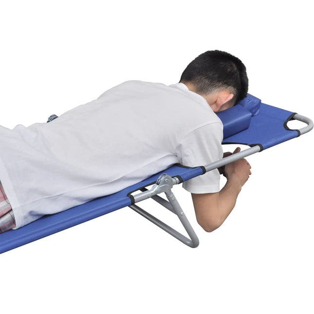Transat pliant bleu avec coussin de tête et dossier réglable