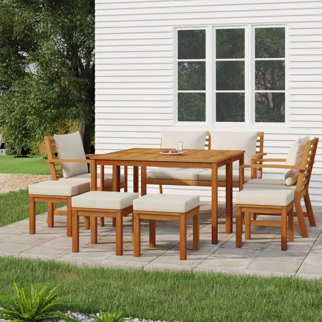 Table de jardin en bois d'acacia avec 4 chaises, 4 tabourets et coussins crème
