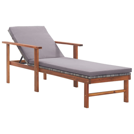 Bain de soleil avec coussin en résine tressée gris et bois d'acacia