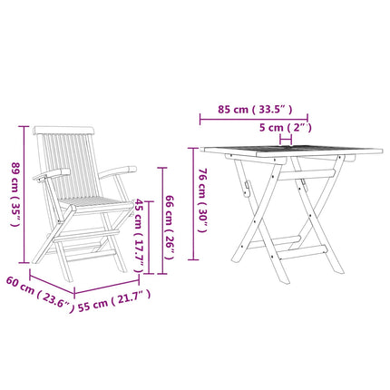 Table carréeee 85 cm et chaises de jardin pliantes 2 places en teck massif