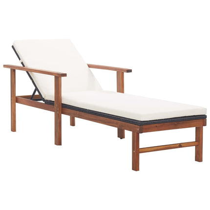 Bain de soleil avec coussin en résine tressée noire et bois d'acacia