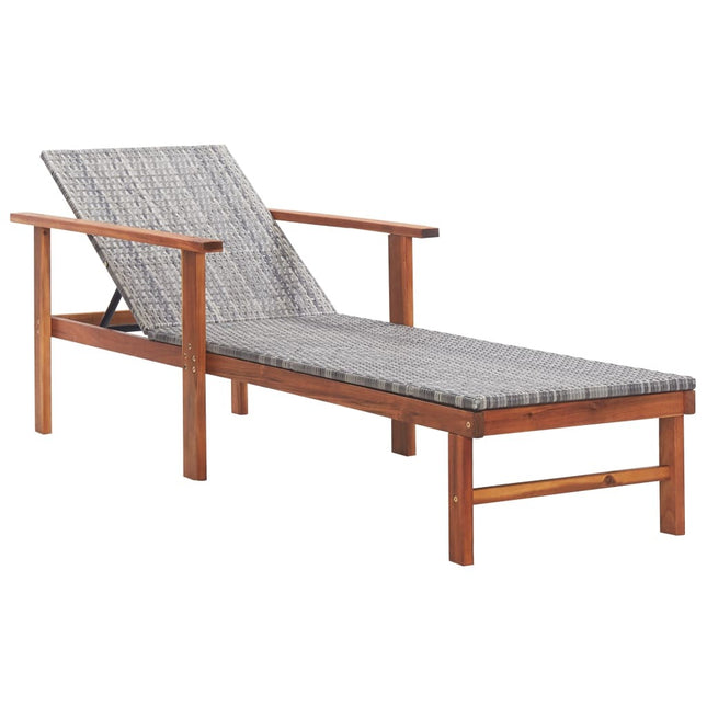 Bain de soleil avec coussin en résine tressée gris et bois d'acacia
