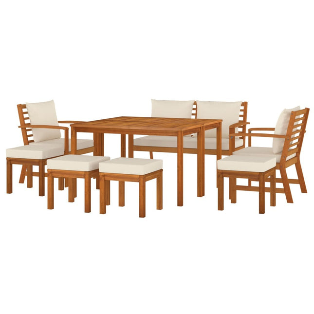 Table de jardin en bois d'acacia avec 4 chaises, 4 tabourets et coussins crème