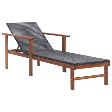 Bain de soleil avec coussin en résine tressée noire et bois d'acacia