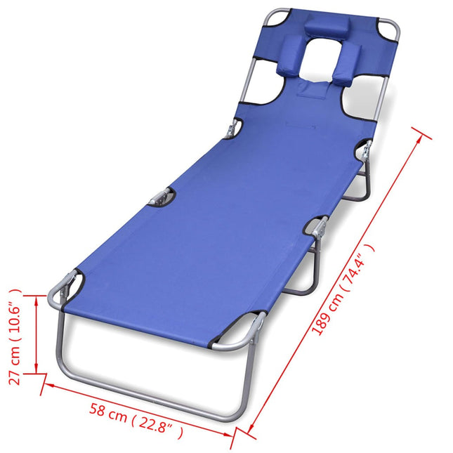 Transat pliant bleu avec coussin de tête et dossier réglable