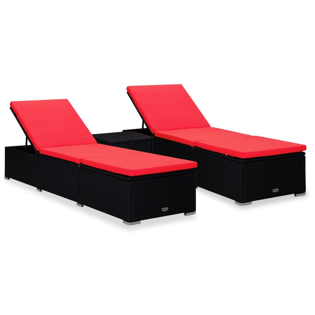 Ensemble de 2 bains de soleil avec table d'appoint en résine tressée noire et coussins rouges