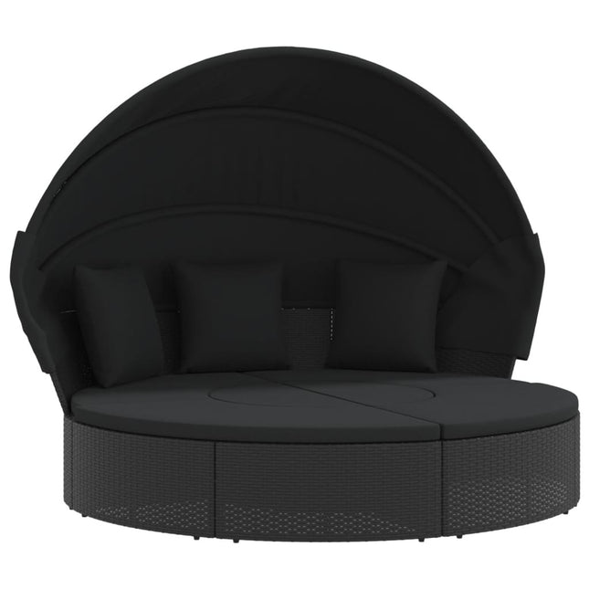 Lit de repos d'extérieur rond avec auvent et coussins en résine tressée noire