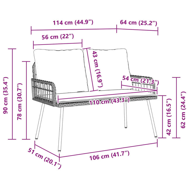 Banc de jardin 2 places avec coussins crème en résine tressée anthracite