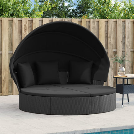 Lit de repos d'extérieur rond avec auvent et coussins en résine tressée noire