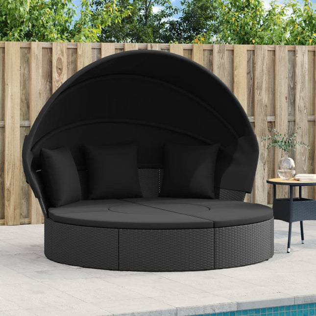 Lit de repos d'extérieur rond avec auvent et coussins en résine tressée noire