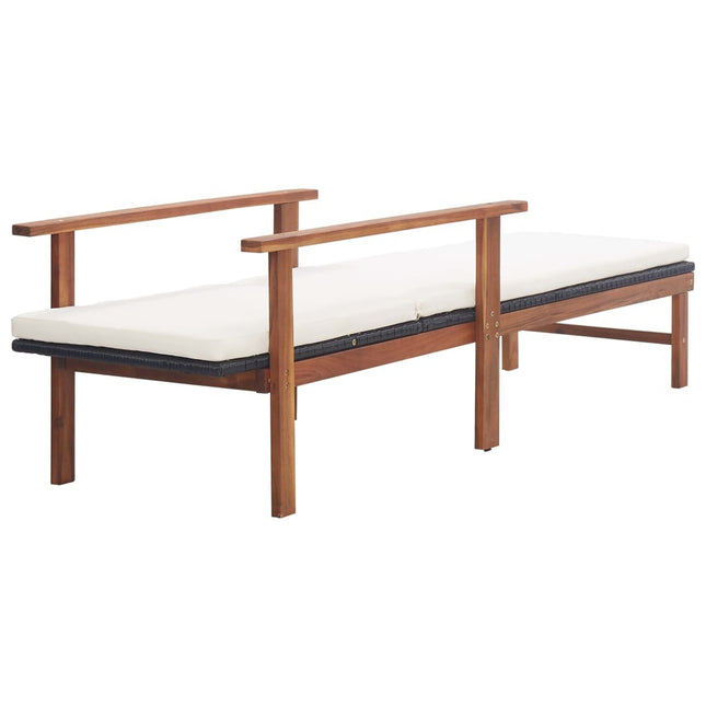 Bain de soleil avec coussin en résine tressée noire et bois d'acacia