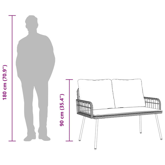 Banc de jardin 2 places avec coussins crème en résine tressée naturelle