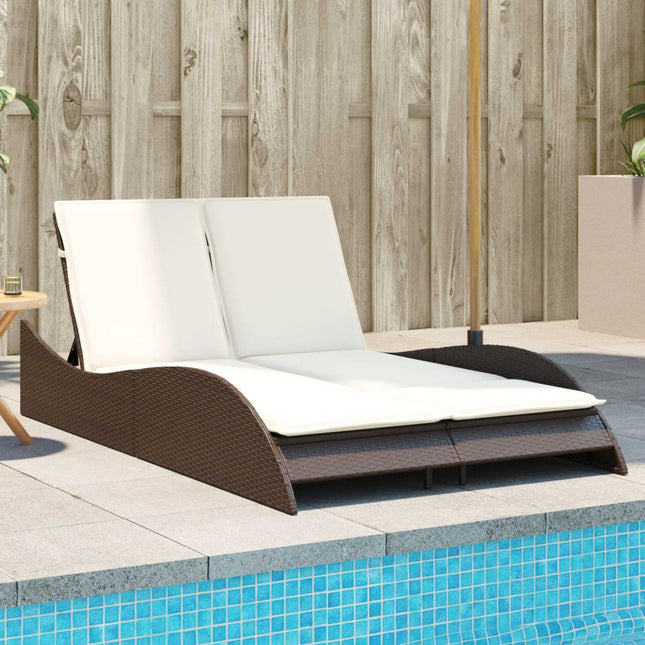 Bain de soleil double en résine tressée marron avec coussins crème