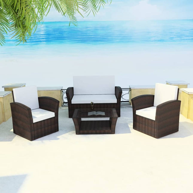 Salon de jardin avec table basse résine tressée marron et coussins crème
