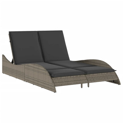 Bain de soleil double en résine tressée gris chiné avec coussins crème