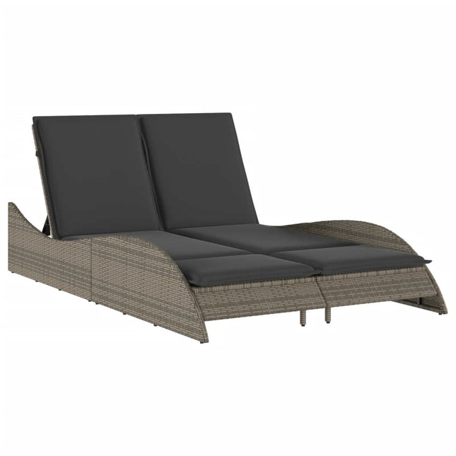 Bain de soleil double en résine tressée gris chiné avec coussins crème