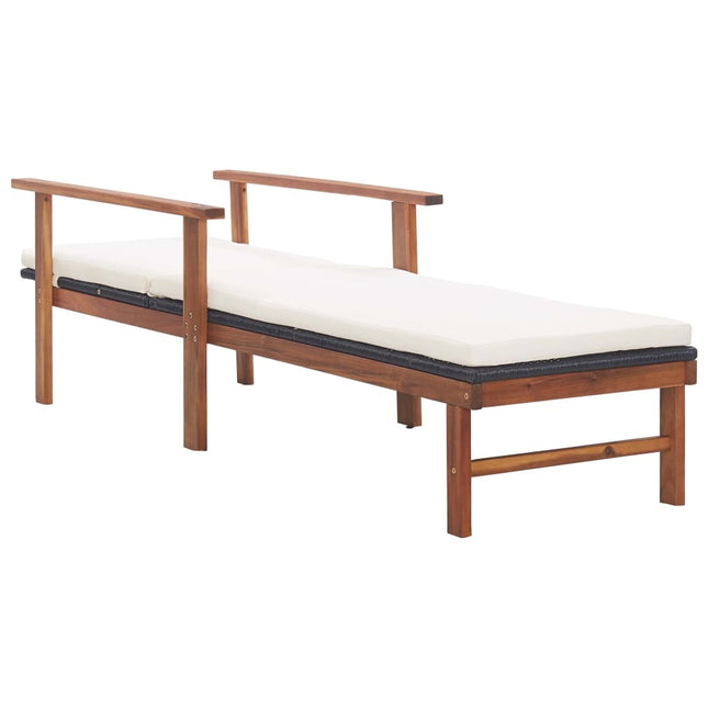 Bain de soleil avec coussin en résine tressée noire et bois d'acacia