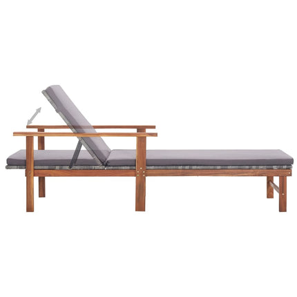 Bain de soleil avec coussin en résine tressée gris et bois d'acacia