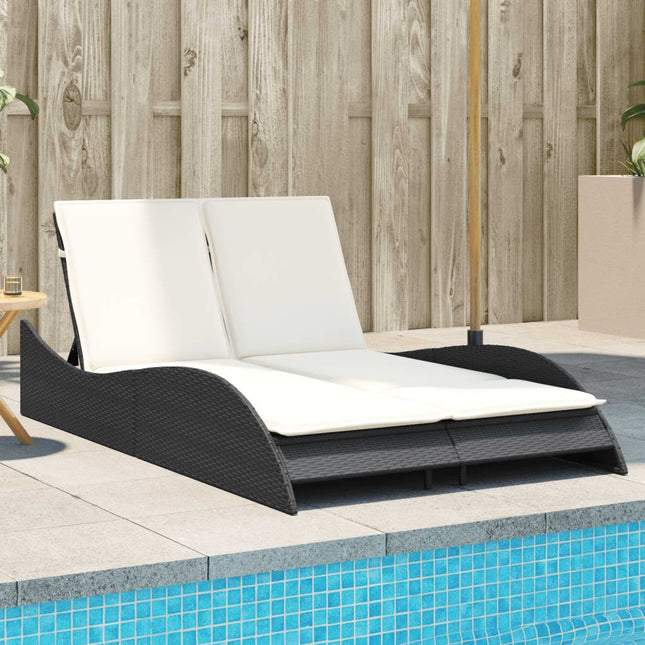 Bain de soleil double en résine tressée noire avec coussins crème