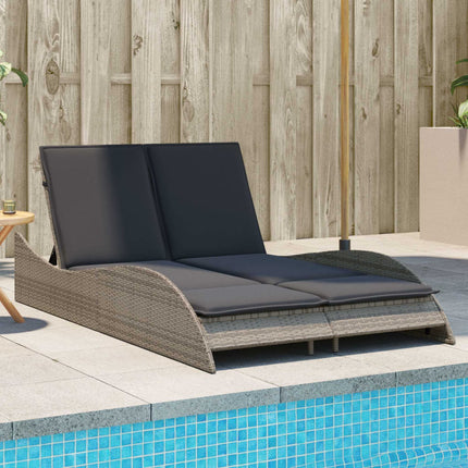 Bain de soleil double en résine tressée gris chiné avec coussins crème