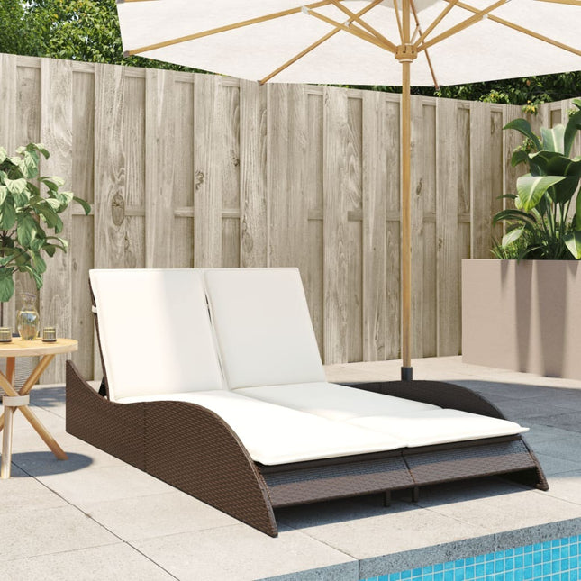 Bain de soleil double en résine tressée marron avec coussins crème