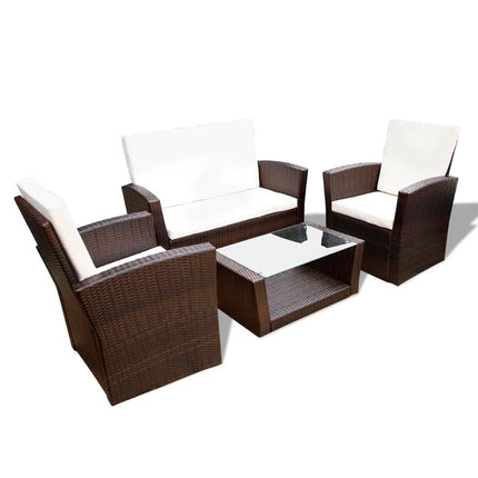 Salon de jardin avec table basse résine tressée marron et coussins crème