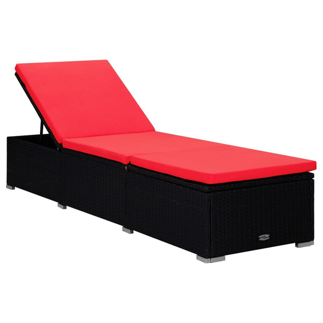 Ensemble de 2 bains de soleil avec table d'appoint en résine tressée noire et coussins rouges