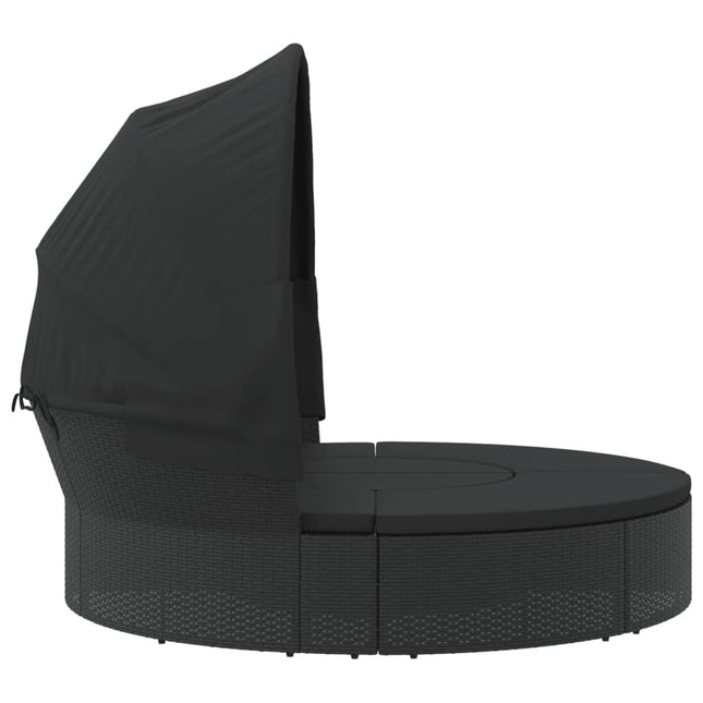 Lit de repos d'extérieur rond avec auvent et coussins en résine tressée noire