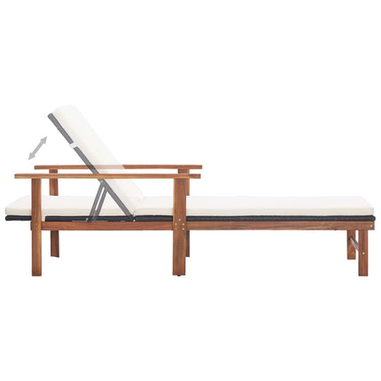 Bain de soleil avec coussin en résine tressée noire et bois d'acacia
