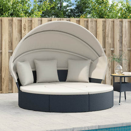 Lit de repos d'extérieur rond avec auvent et coussins crème en résine tressée noire