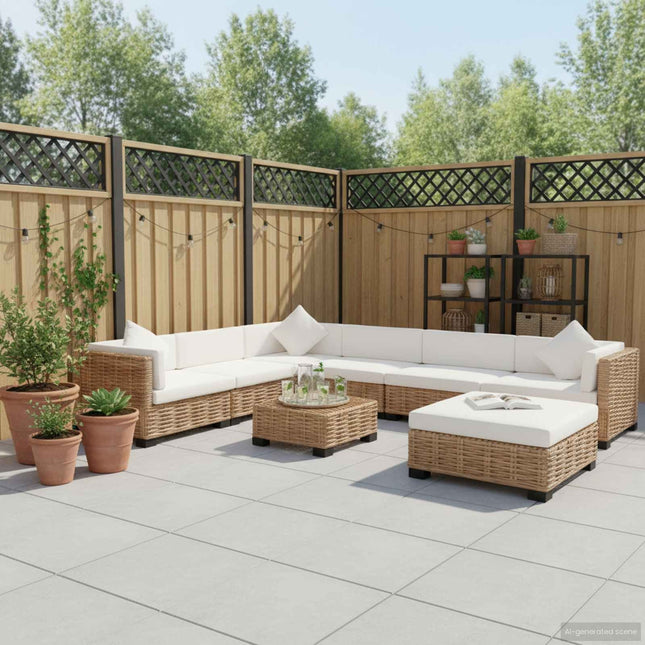 Salon de jardin en résine tressée naturelle avec coussins