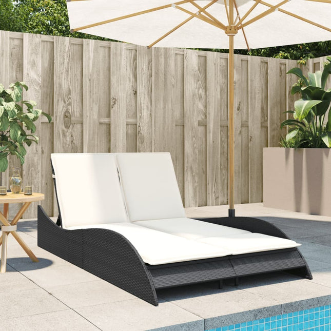 Bain de soleil double en résine tressée noire avec coussins crème