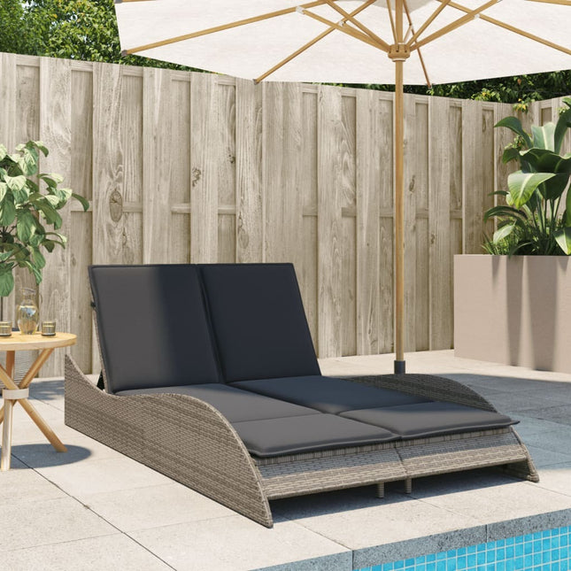Bain de soleil double en résine tressée gris chiné avec coussins crème