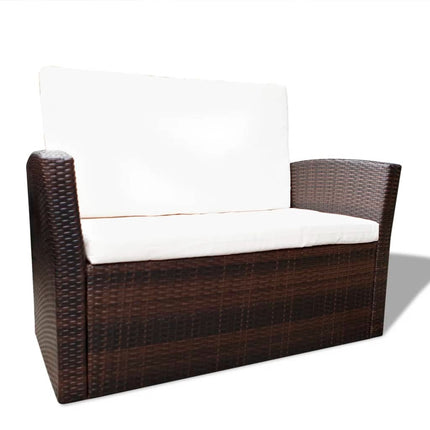 Salon de jardin avec table basse résine tressée marron et coussins crème
