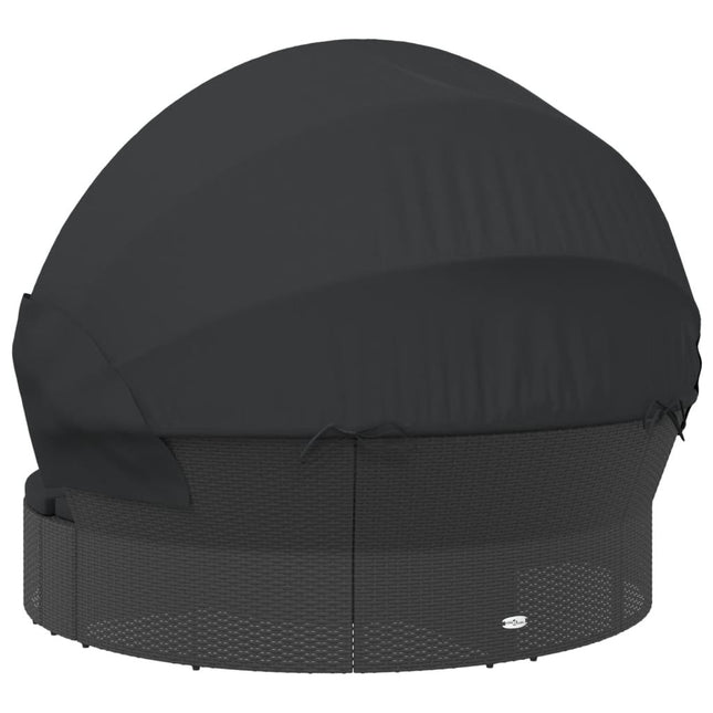 Lit de repos d'extérieur rond avec auvent et coussins en résine tressée noire