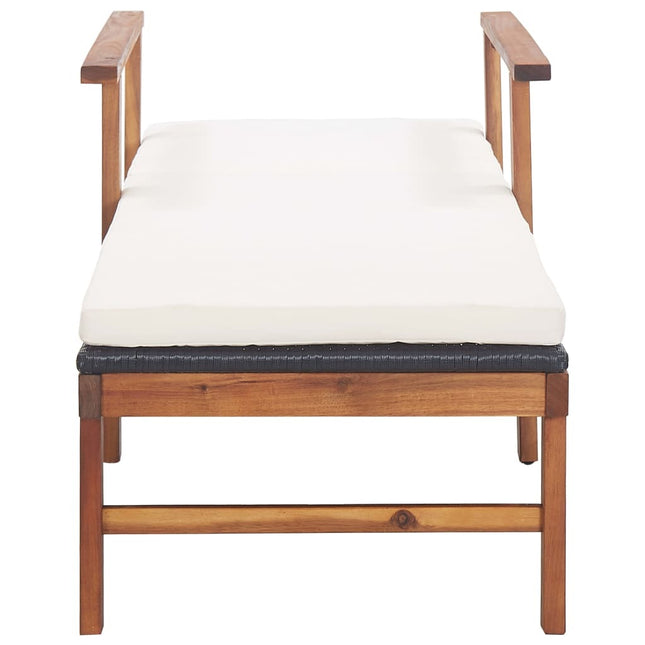 Bain de soleil avec coussin en résine tressée noire et bois d'acacia